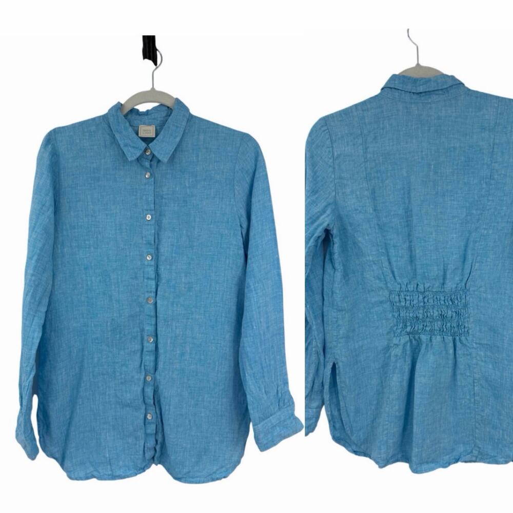 120 Lino Womens Linen Button Up Shirt Size S Blue Cinched Back Coastal Resort